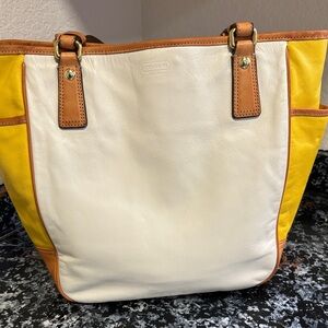 Coach White, Yellow & Tan Leather Tote with Gold Hardware